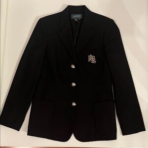 RALPH LAUREN Black Blazer with Silver Embroidered Logo.  Three button Closure